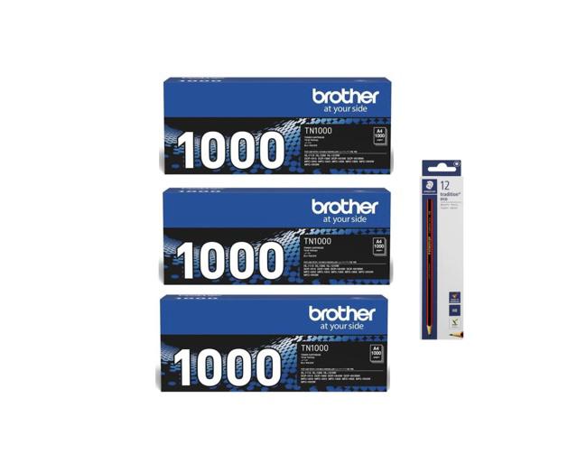 3x Brother TN 1000 Original Toner Cartridge -Get Free Box HB Pencils